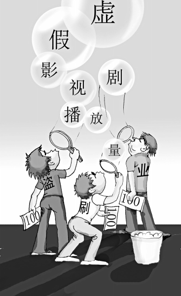電視劇在視頻網(wǎng)站的驚人播放量頻頻被質(zhì)疑造假。 漫畫/王鵬